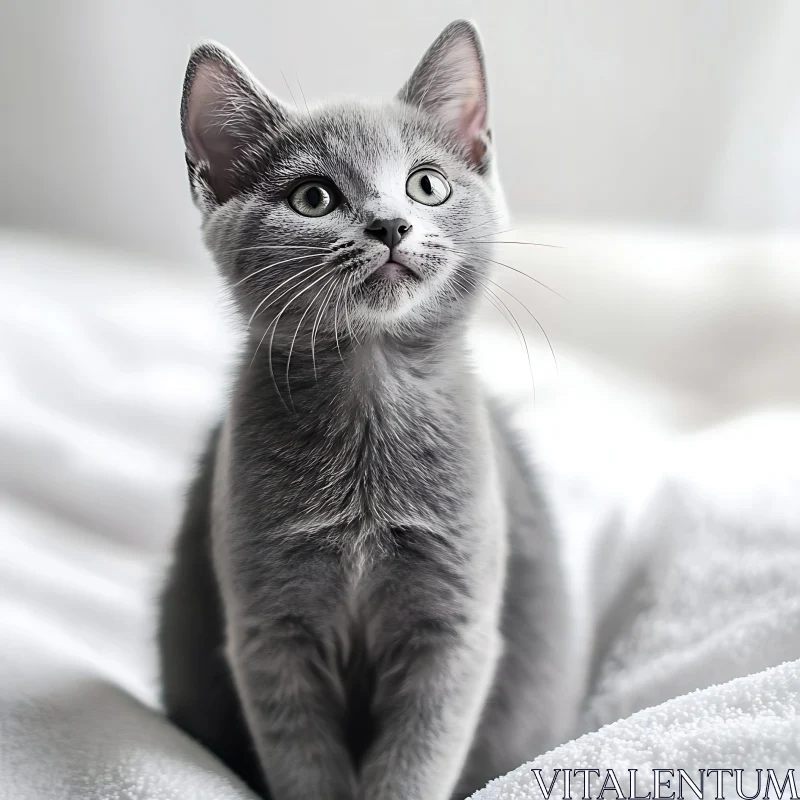 Cute Gray Kitten on a Cozy White Blanket AI Image