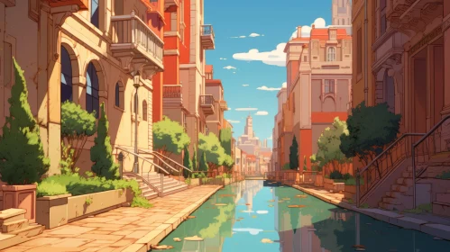 Anime City Canal in Warm Color Palette and Classic Academia Style