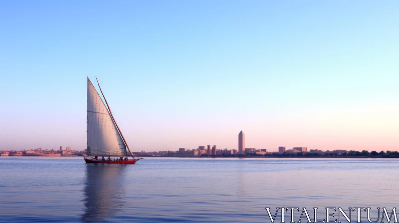 Boat Sailing on Blue Water with Whimsical Skyline | Artwork AI Image
