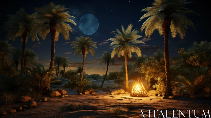 Captivating Tropical Landscape with Palm Trees and Campfire | Enigmatic Tropics AI Image