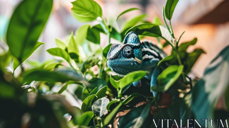 Close-up of a Green Chameleon on Branch with Green Leaves AI Image