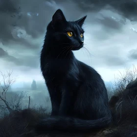 Eerie Black Cat with Yellow Eyes