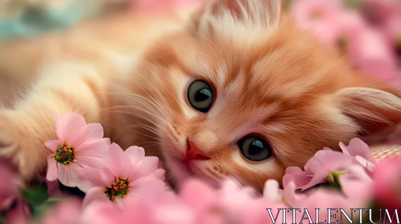 Cute Kitten Among Blossoms AI Image