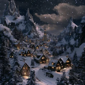 Snow-Covered Mountain Village at Night