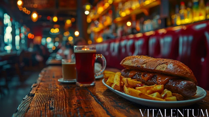 Delicious Food Photography: Fries, Sausage Sandwich, and Beer on Wooden Table AI Image
