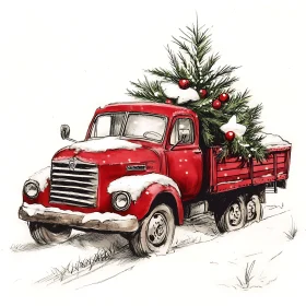 Festive Red Truck with Holiday Pine Tree