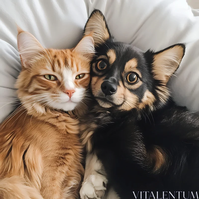 Cat and Dog Cuddling on a White Duvet AI Image