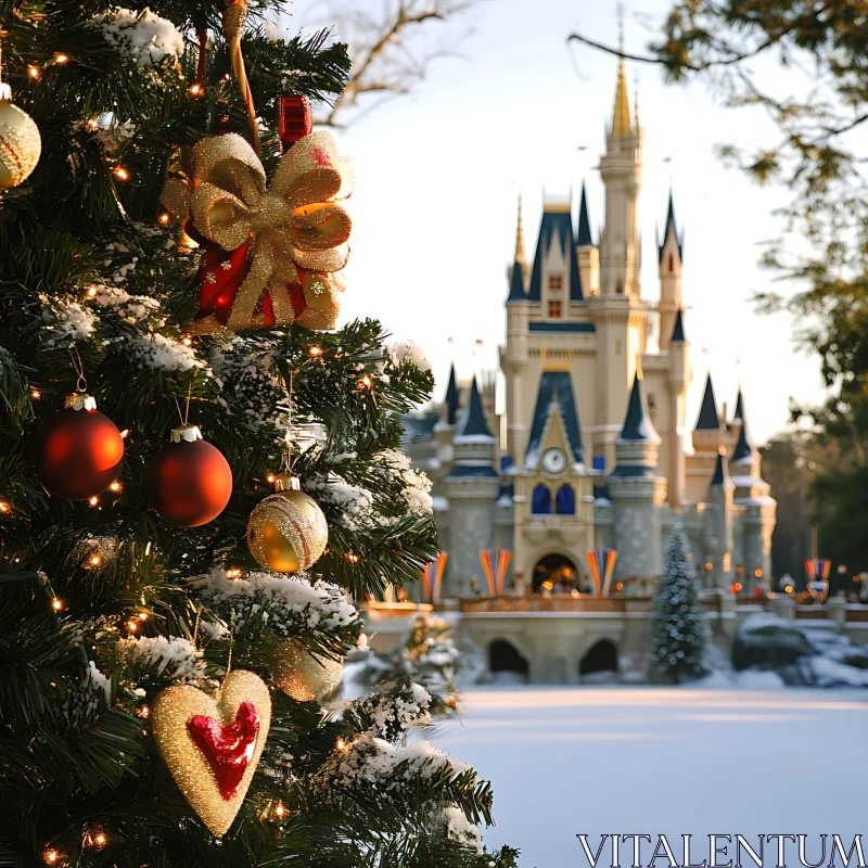 Magical Holiday Scene with Festive Decor and Castle AI Image