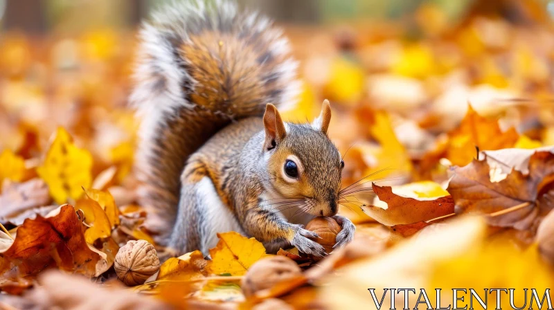 Gray Squirrel on Autumn Leaves with Nut AI Image