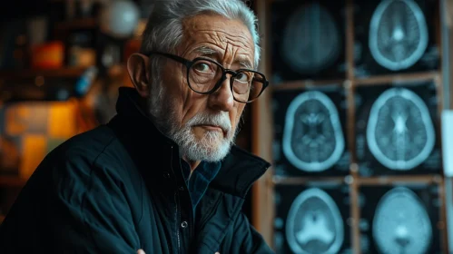 Old Man Examining Brain Scans: Documentary-Style Photography