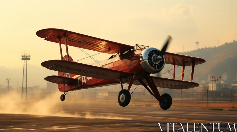 AI ART Red Biplane Taking Off in Urban Landscape at Sunset