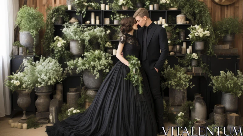 Romanticist Black Wedding Dress with Bold Chromatic Backdrops AI Image