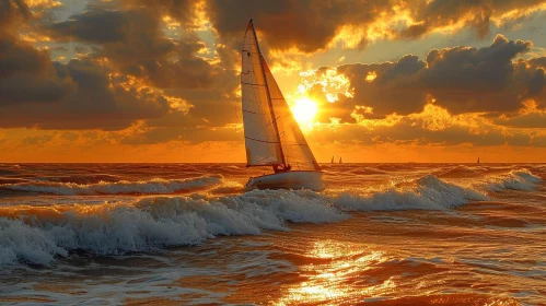 Sailboat on Ocean Waves at Sunset - Photo-Realistic Landscapes