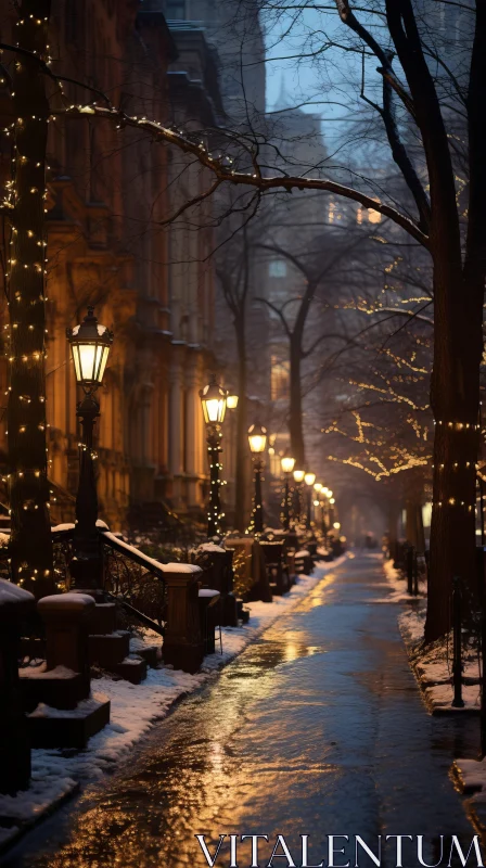 Snow-Covered Sidewalk with Lighted Lampposts | Dreamy Cityscape AI Image