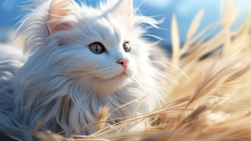 White Cat in Golden Wheat Field