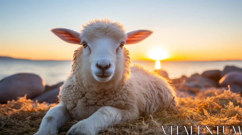White Lamb in Sunset Field AI Image