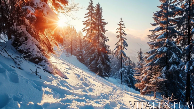Winter Landscape with Snow-Covered Trees and Sunlight AI Image