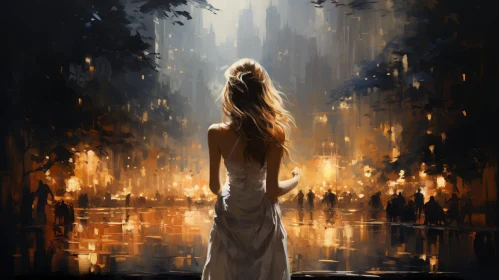 Woman in White Dress in Rainy City Street Painting