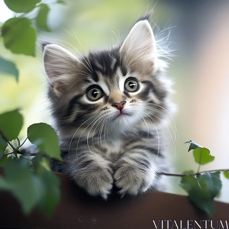 AI ART Charming Tabby Kitten Among Green Leaves