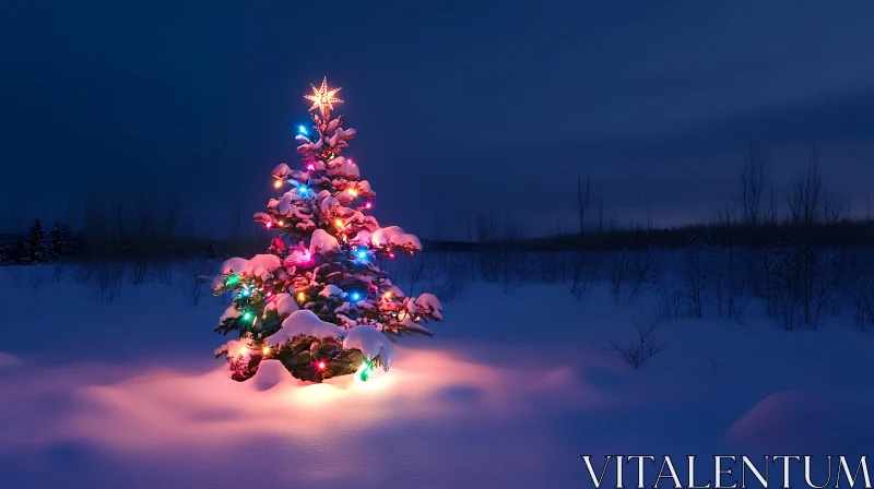 Christmas Tree with Colorful Lights in a Snowy Nightscape AI Image