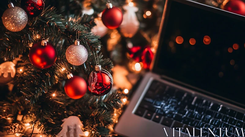 Christmas Tree Adorned with Baubles and Laptop AI Image