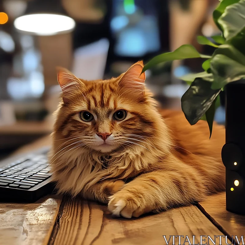 AI ART Office Cat Relaxing with Desk Plant