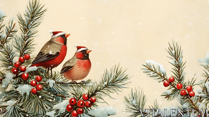 Holiday Birds with Christmas Hats in a Winter Setting AI Image