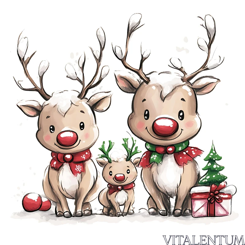 Charming Reindeer Family Illustration for Christmas AI Image