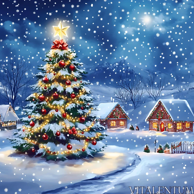 Charming Snowy Christmas Scene with Illuminated Houses AI Image