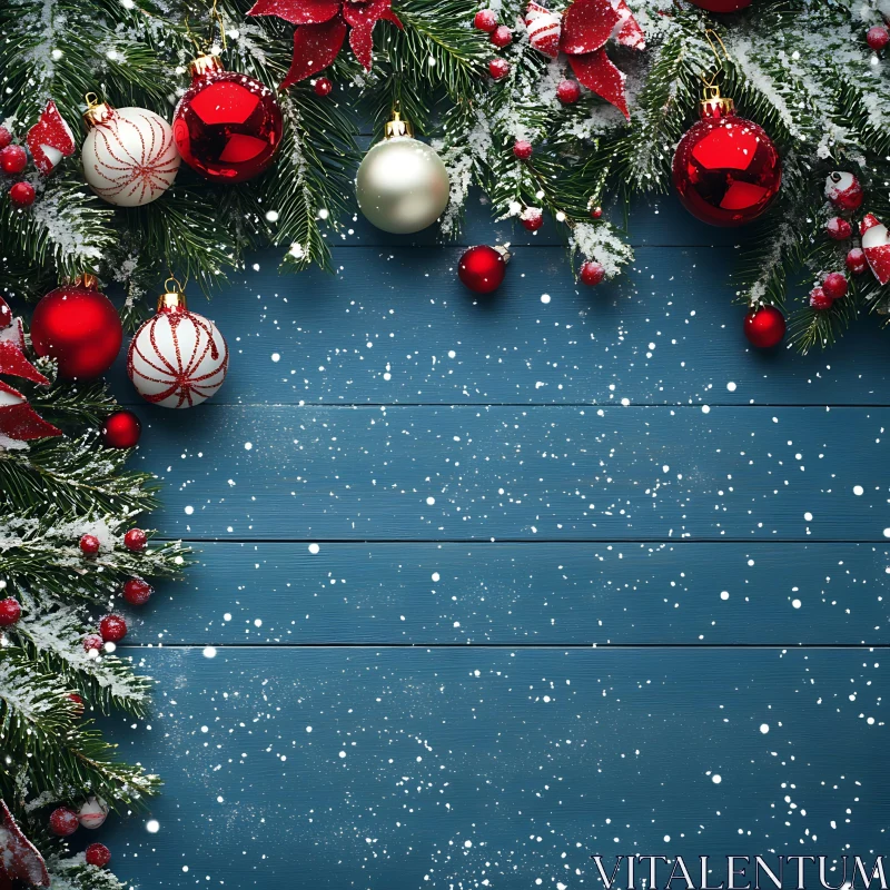 Christmas Holiday Decorations on Blue Wooden Background AI Image