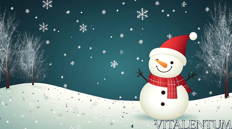 Festive Snowman in Falling Snow AI Image