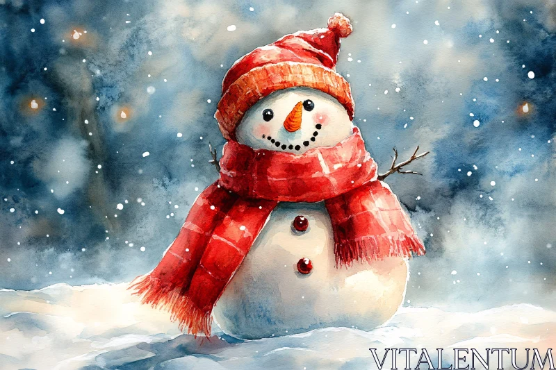 Festive Snowman with Red Hat and Scarf AI Image