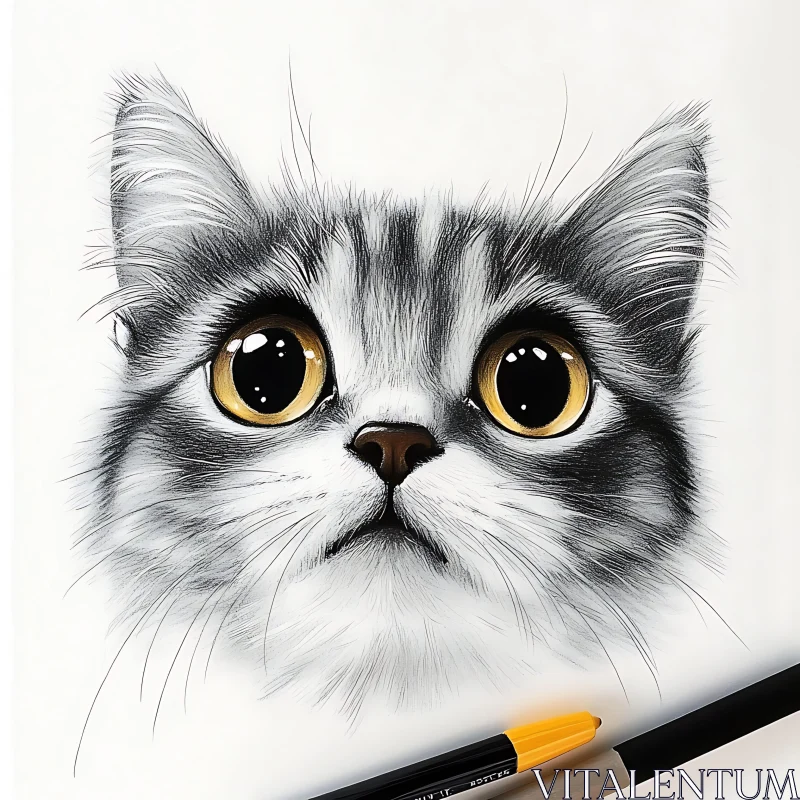 Artistic Kitten Portrait with Pen AI Image