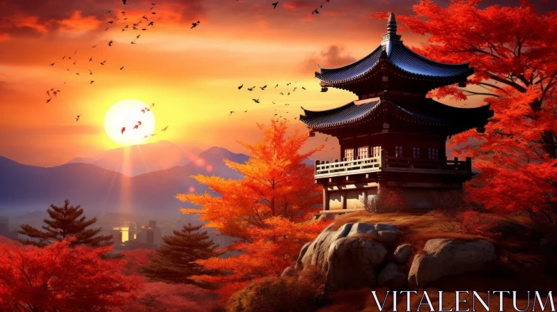 Asian Pagoda on Mountain in Autumn: A Breathtaking UHD Image AI Image