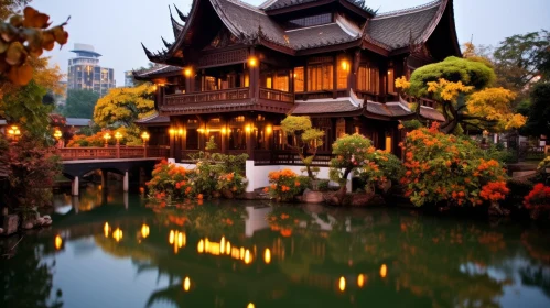 Asian-style House on Pond with Contrasting Lights and Intricate Woodwork