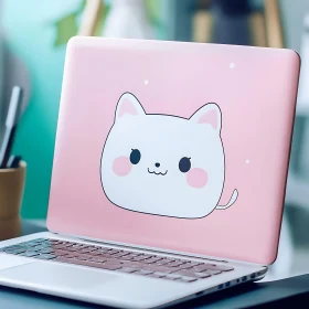 Adorable Cat Design on Pink Laptop Cover