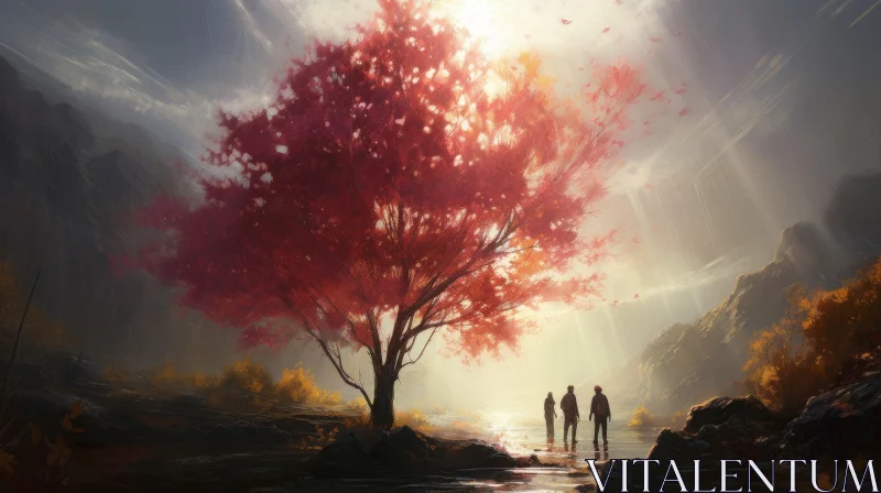 Captivating Concept Art: Two Individuals Amidst a Majestic Red Tree in a Forest AI Image