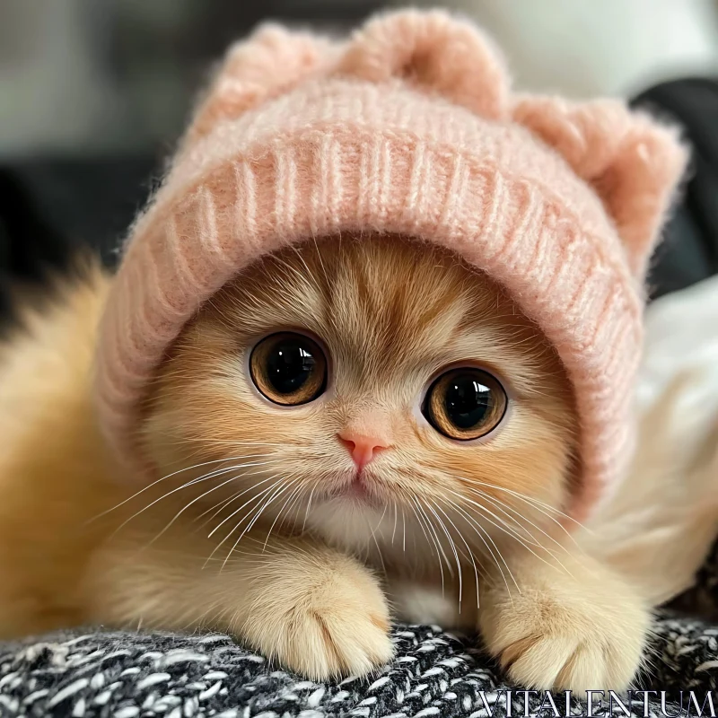 Charming Feline in Cozy Hat – Cute Kitten Image AI Image