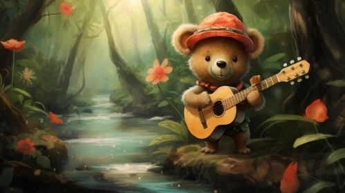 Charming 2D Game Art of a Musical Teddy Bear in the Forest