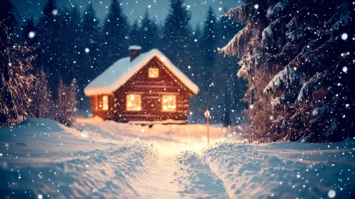 Warmly Lit Cabin Amidst Snow-Covered Forest