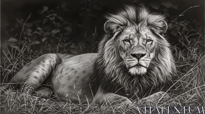 Detailed Black and White Drawing of a Resting Lion in the Grass AI Image