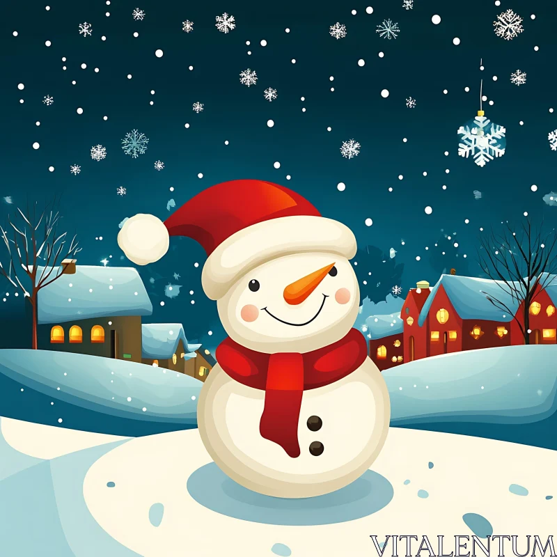 Snowman and Winter Village with Falling Snow AI Image