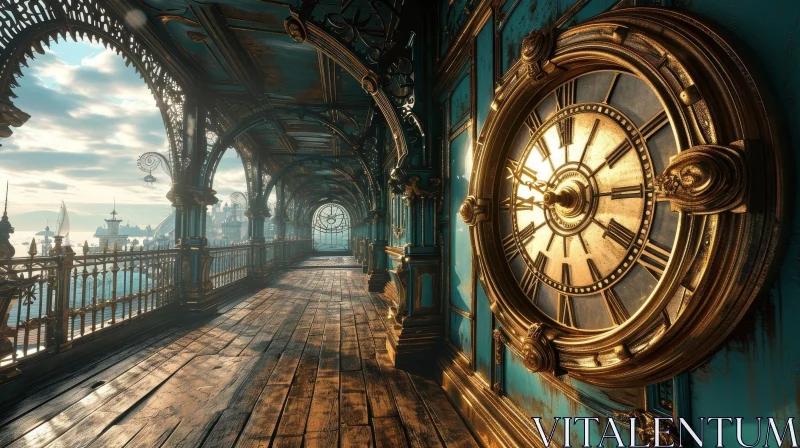 Elegant and Historic Hallway with Ornate Clock AI Image
