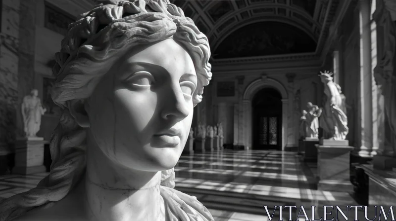 Elegant Marble Statue of a Woman in Sunlit Hall AI Image
