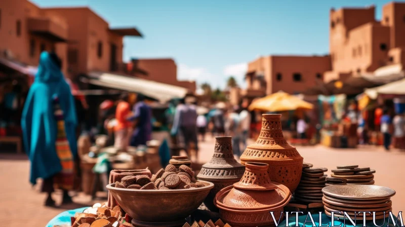 Exquisite Handmade Clay Pottery at a Vibrant Moroccan Market AI Image