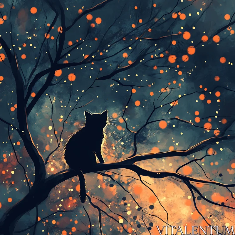 Dreamy Night Scene with Cat Silhouette AI Image