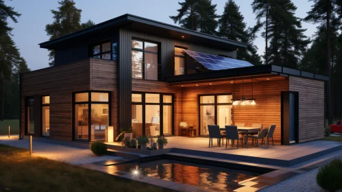 Modern Two-Story Wooden House with Solar Panels and Swimming Pool