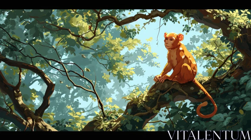 Monkey Sitting on Tree Branch in Lush Green Forest AI Image
