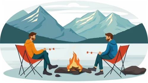 Mountain Camping Scene with Fire and Marshmallows