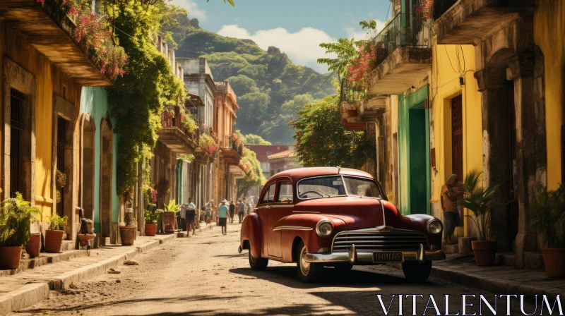 Romantic Scenery: Red Car on Historic Street in Cuba AI Image
